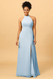 Sheath Halter Floor Length Open Back Chiffon Bridesmaid Dress with Slit