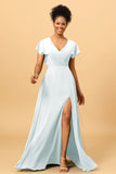 A Line V-Neck Ruched Chiffon Bridesmaid Dress with Slit