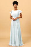 A Line Bateau Neck Ruched Long Chiffon Bridesmaid Dress with Ruffles