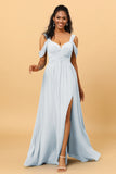 A Line V Neck Cold Shoulder Chiffon Bridesmaid Dress with Slit