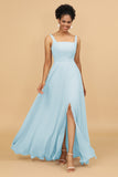 Sheath Square Neck Floor Length Chiffon Bridesmaid Dress