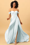 A Line Off the Shoulder Ruched Chiffon Bridesmaid Dress with Slit