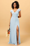 A Line V Neck Strapless Long Chiffon Bridesmaid Dress With Slit