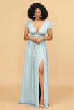 A Line Deep V-Neck Long Chiffon Bridesmaid Dress with Slit