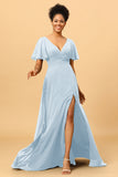 A Line V-Neck Long Chiffon Bridesmaid Dress with Slit