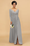 A Line V-Neck Long Sleeves Chiffon Bridesmaid Dress with Slit