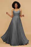 A Line Spaghetti Straps Chiffon Long Bridesmaid Dress