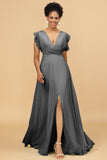 A Line V-Neck Floor Length Chiffon Bridesmaid Dress with Slit