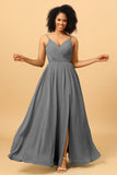 Ruched Long Floor Length Chiffon Bridesmaid Dress with Slit