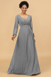 Long Sleeves V-Neck Chiffon Bridesmaid Dress with Bowknot