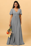 A Line V Neck Short Sleeves Chiffon Long Bridesmaid Dress