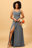 A Line Spaghetti Straps V Neck Chiffon Ruffled Long Bridesmaid Dress with Slit