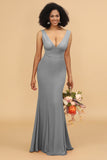 Mermaid V-neck Open Back Long Chiffon Bridesmaid Dress With Ruffles