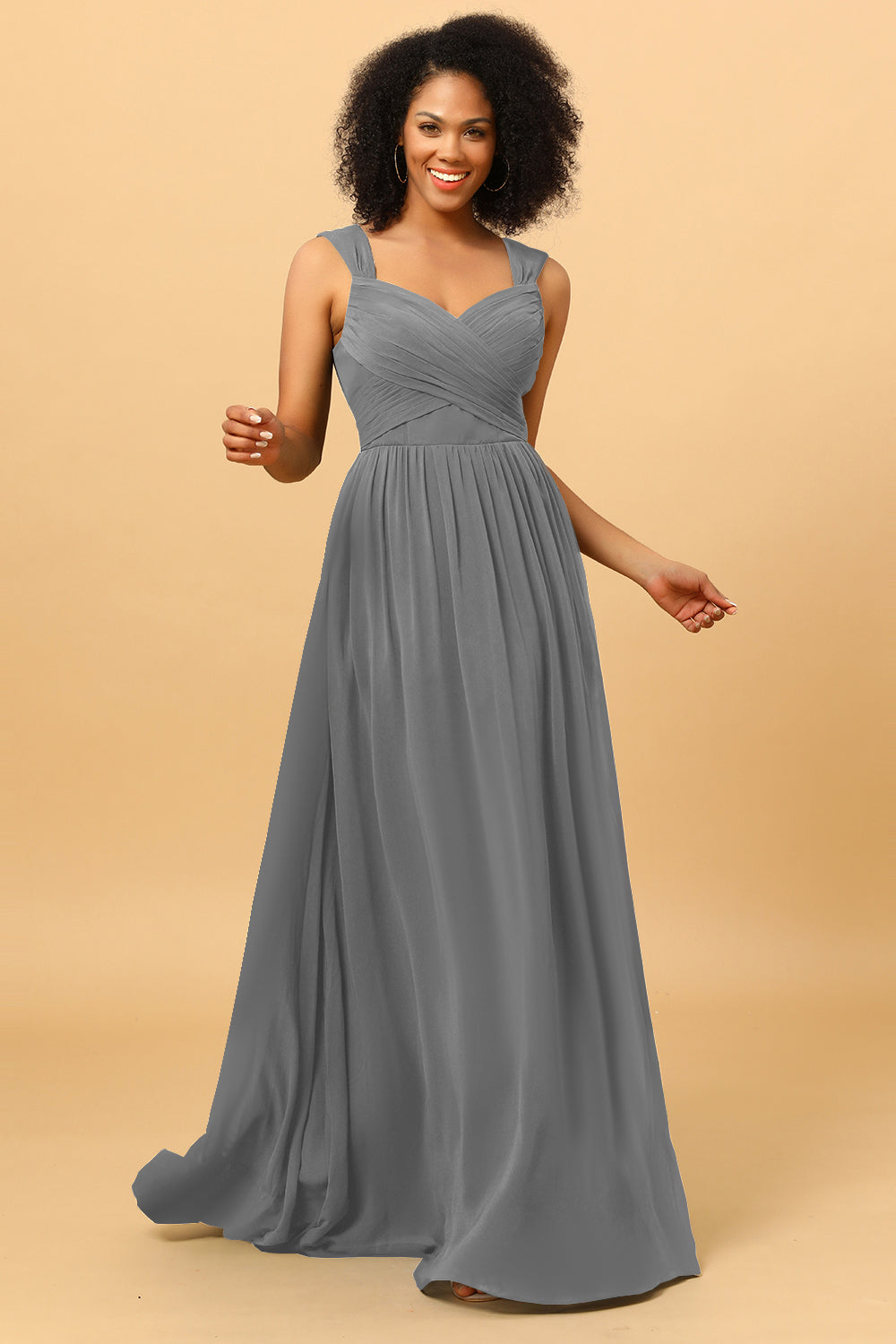 Wedtrend Women Bridesmaids A Line Sweetheart Chiffon Floor Length Bridesmaid Dress with Heart Shaped Open Back, Silver