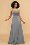 A Line Spaghetti Straps Floor Length Satin Bridesmaid Dress