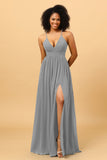 A Line V Neck Spaghetti Straps Chiffon Bridesmaid Dress with Slit