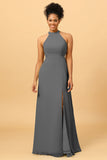 Sheath Halter Floor Length Open Back Chiffon Bridesmaid Dress with Slit