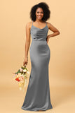 Mermaid Cowl Neckline Spaghetti Straps Long Satin Bridesmaid Dress