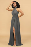 A Line Halter Ruched Floor Length Chiffon Bridesmaid Dress with Slit