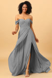 A Line Off the Shoulder Ruched Chiffon Bridesmaid Dress with Slit