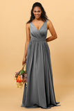 A Line V Neck Pleated Floor Length Long Chiffon Bridesmaid Dress