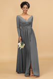 A Line V-Neck Long Sleeves Chiffon Bridesmaid Dress with Slit