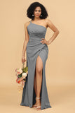 Mermaid One Shoulder Satin Long Bridesmaid Dress with Slit