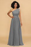 A Line One Shoulder Long Chiffon Bridesmaids Dress with Ruffles