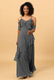 A Line Spaghetti Straps Long Chiffon Bridesmaid Dress with Ruffles