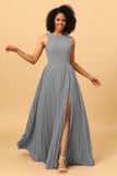 A Line High Neck Pleated Long Chiffon Bridesmaid Dress with Ruffles