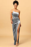 Mermaid One Shoulder Long Velvet Bridesmaid Dress with Slit