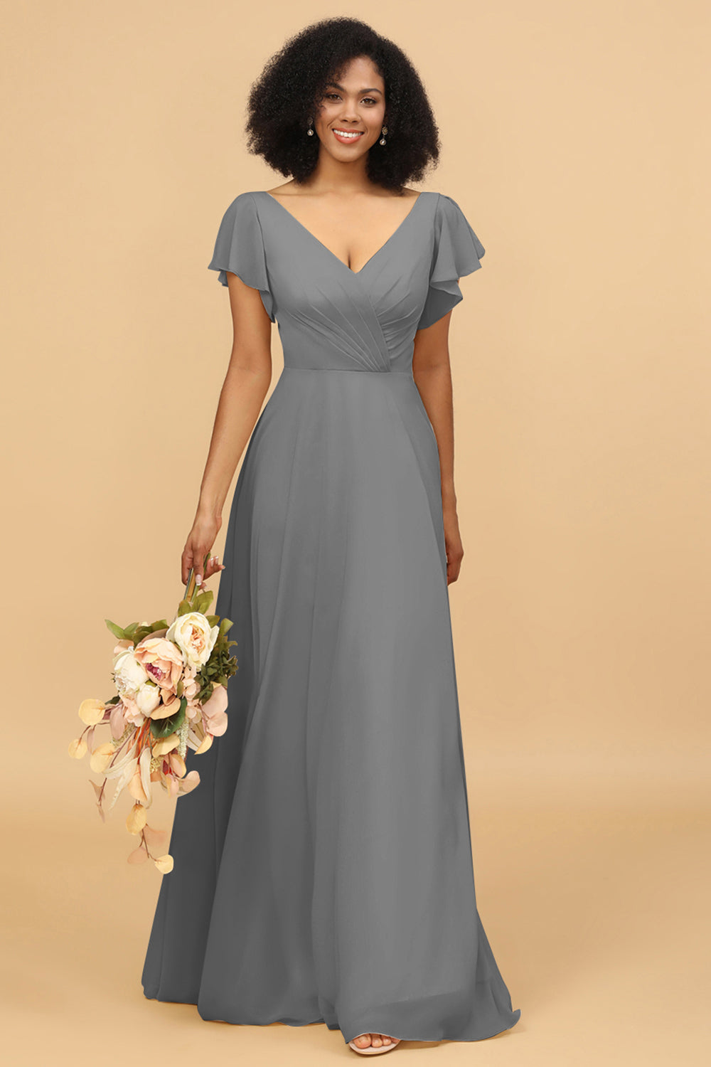Wedtrend Women V-Neck Long Floor Length Chiffon Bridesmaid Dress, Steel Grey