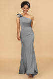 Mermaid One Shoulder Satin Long Bridesmaid Dress With Bowknot