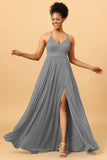 A Line Spaghetti Straps Ruched Chiffon Long Bridesmaid Dress with Slit