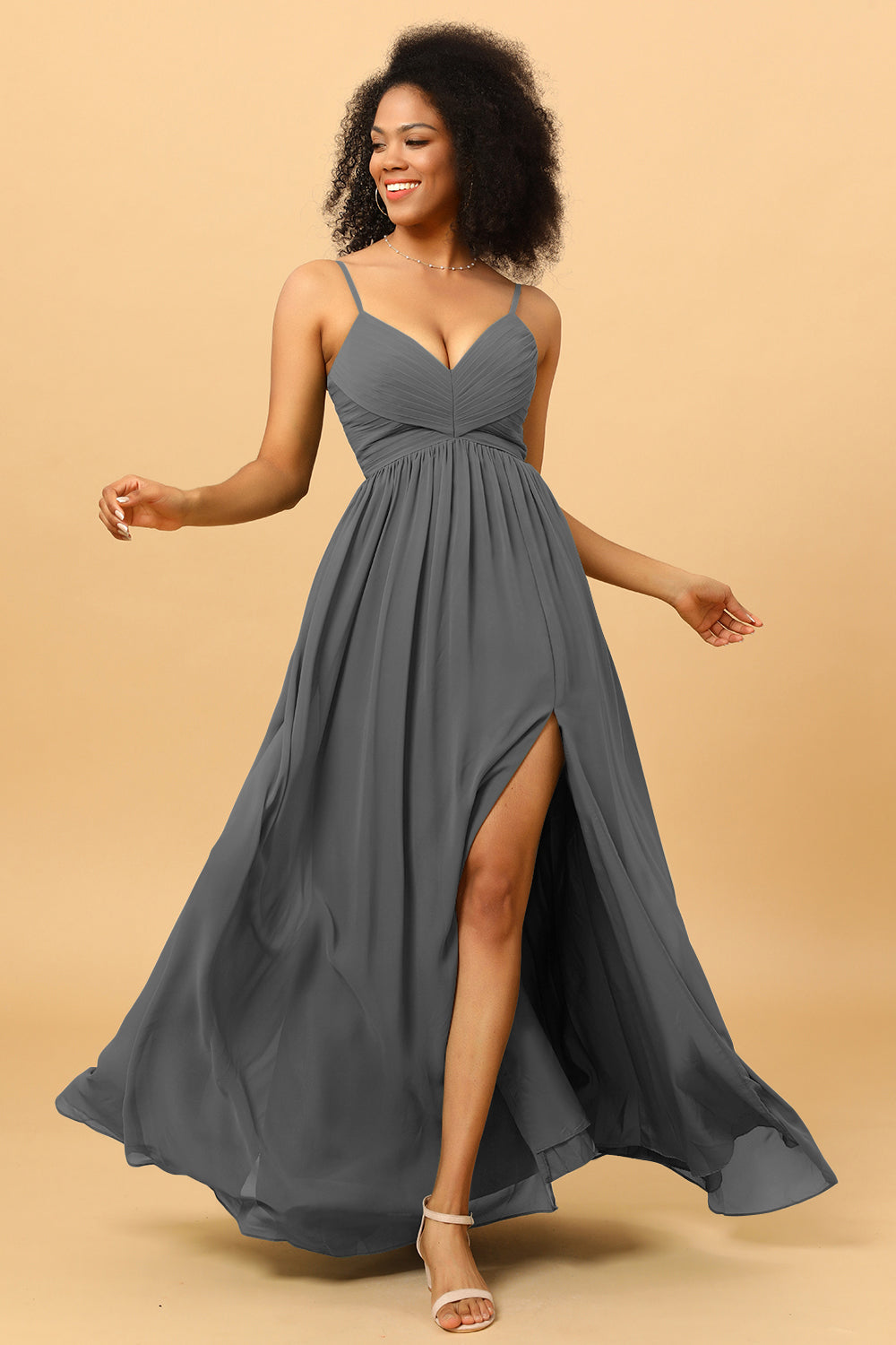 Wedtrend Women Bridesmaids A Line Spaghetti Straps Ruched Long Chiffon Wedding Party Formal Bridesmaid Dress with Slit, Dusty Blue