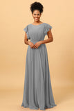 A Line Bateau Neck Ruched Long Chiffon Bridesmaid Dress with Ruffles