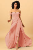 A Line Off the Shoulder Ruched Chiffon Bridesmaid Dress with Slit