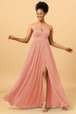 A Line Spaghetti Straps Ruched Chiffon Long Bridesmaid Dress with Slit