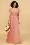 V-Neck Cape Long Floor Length Chiffon Bridesmaid Dress