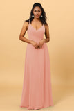 A Line V Neck Spaghetti Straps Floor Length Long Chiffon Bridesmaid Dress