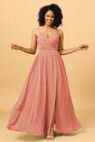 Ruched Long Floor Length Chiffon Bridesmaid Dress with Slit