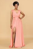A Line Ruched V-Neck Sleeveless Chiffon Bridesmaid Dress with Slit
