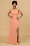 Sheath Spaghetti Straps Long Chiffon Bridesmaid Dress with Slit