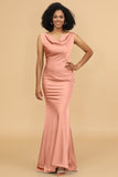 Mermaid Cowl Neck Backless Long Satin Bridesmaid Dress