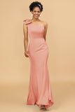 Mermaid One Shoulder Satin Long Bridesmaid Dress With Bowknot