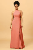 Sheath Halter Floor Length Open Back Chiffon Bridesmaid Dress with Slit