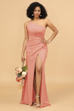 Mermaid One Shoulder Satin Long Bridesmaid Dress with Slit