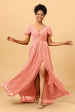 A-Line V Neck Ruched Long Chiffon Bridesmaid Dress with Slit