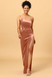 Mermaid One Shoulder Long Velvet Bridesmaid Dress with Slit