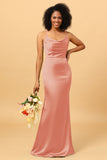 Mermaid Cowl Neckline Spaghetti Straps Long Satin Bridesmaid Dress